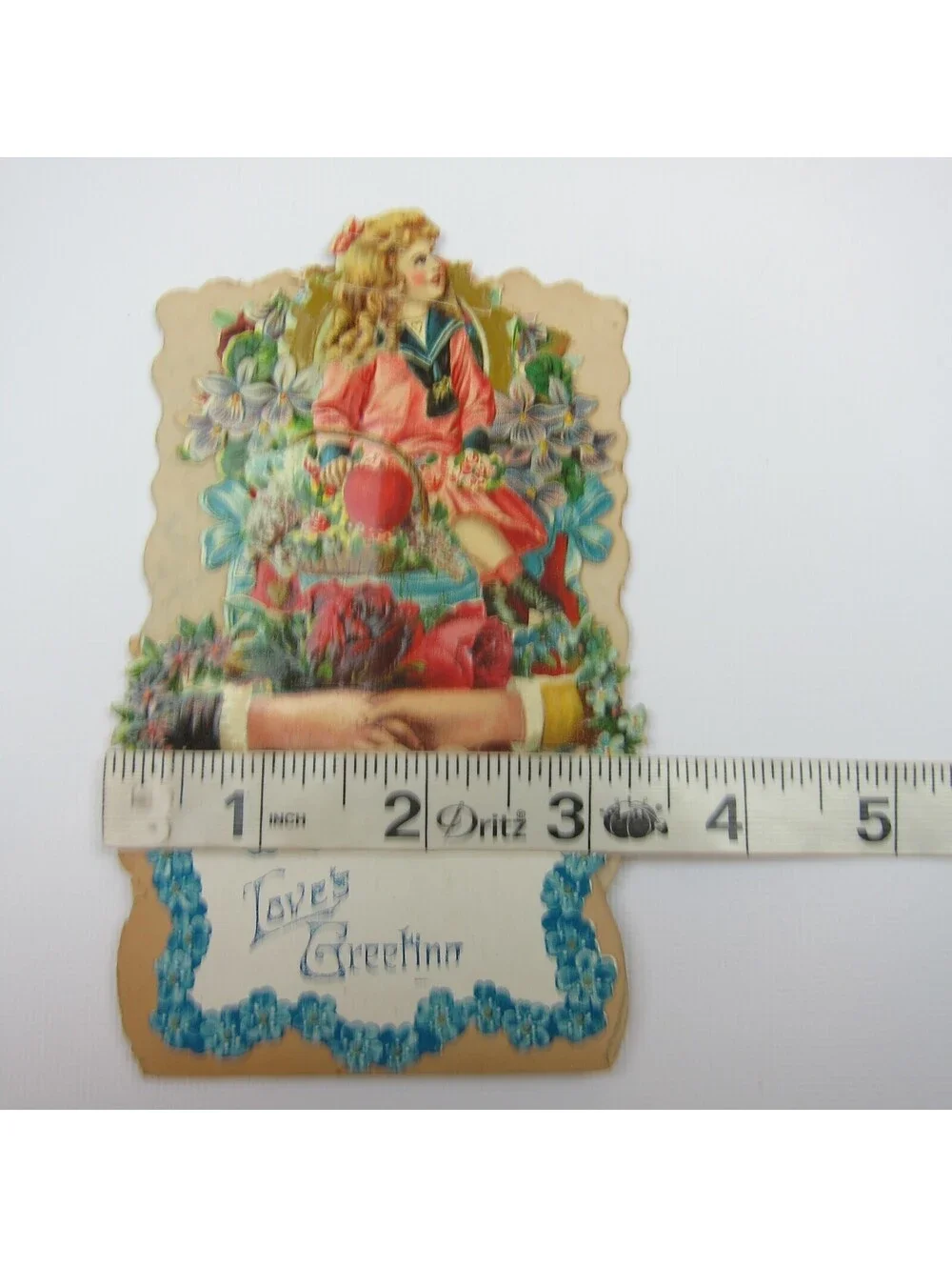 Vintage Valentine Pull Down Die Cut Stand Up Victorian Girl Flower Basket Roses